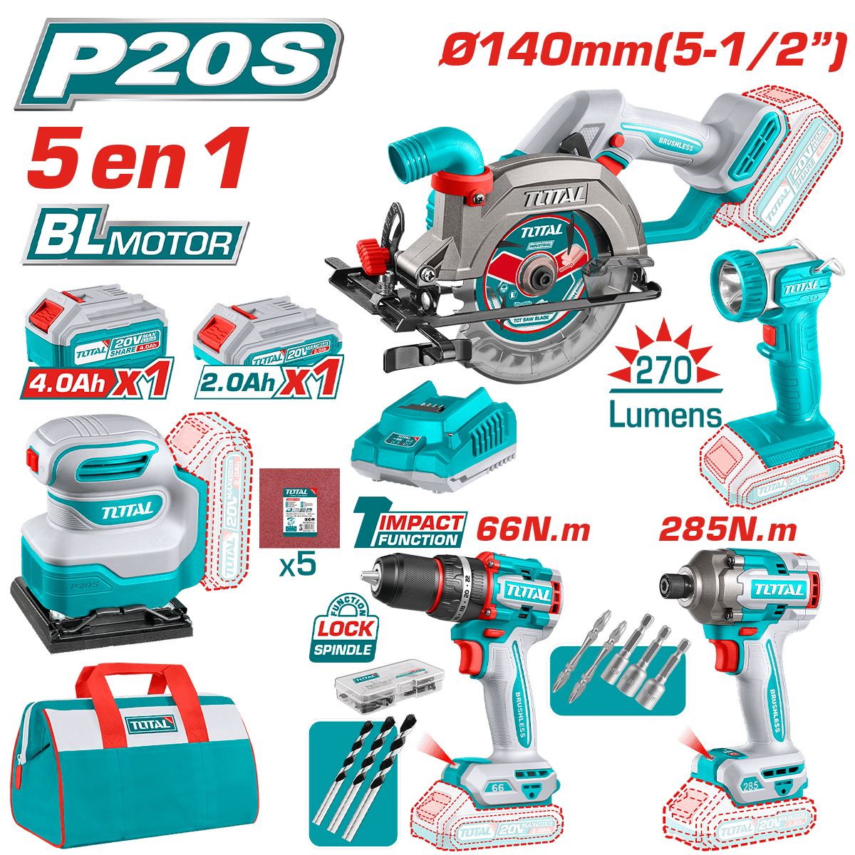 COMBO TALADRO+LLAVE IMPACTO + SIERRA+ LINTERNA + PULIDORA 20V 2.0AH + 4.0AH 5 EN 1 INDUSTRIAL