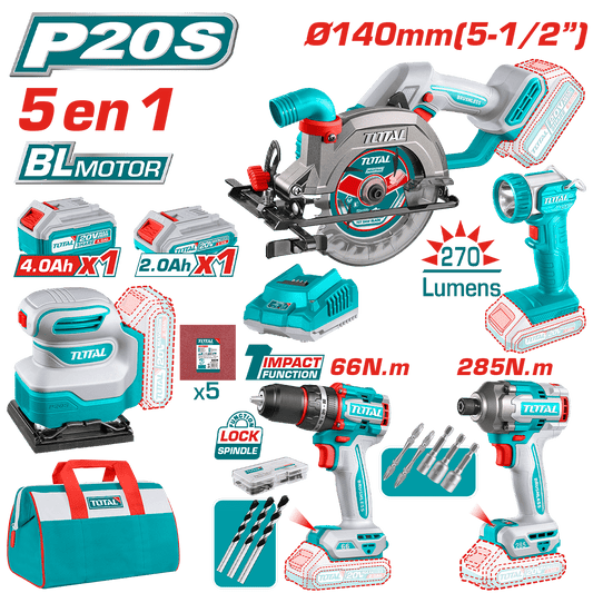 COMBO TALADRO+LLAVE IMPACTO + SIERRA+ LINTERNA + PULIDORA 20V 2.0AH + 4.0AH 5 EN 1 INDUSTRIAL