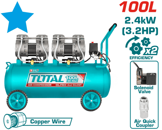 COMPRESORA OIL-FREE 100L 3.25HP (2x1200W) 75DB 8BAR 3400RPM INDUSTR