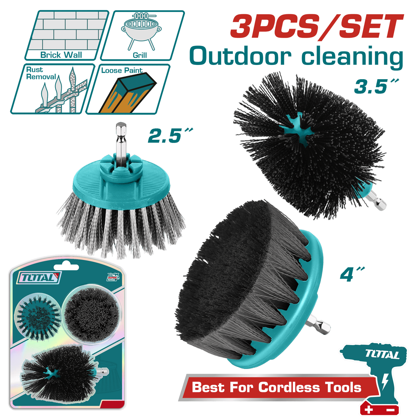 SET DE CEPILLOS MULTIUSOS 1/4'' HEX P/TALADRO 3PCS (INTERMEDIO - DURO