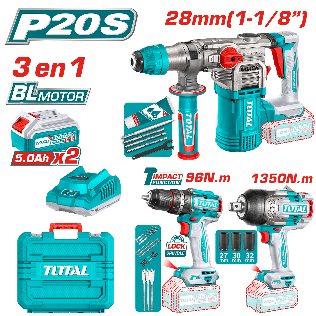 COMBO 20V ROTOMARTILLO 28MM + TALADRO 96NM + LLAVE IMPACTO 1350NM 2X