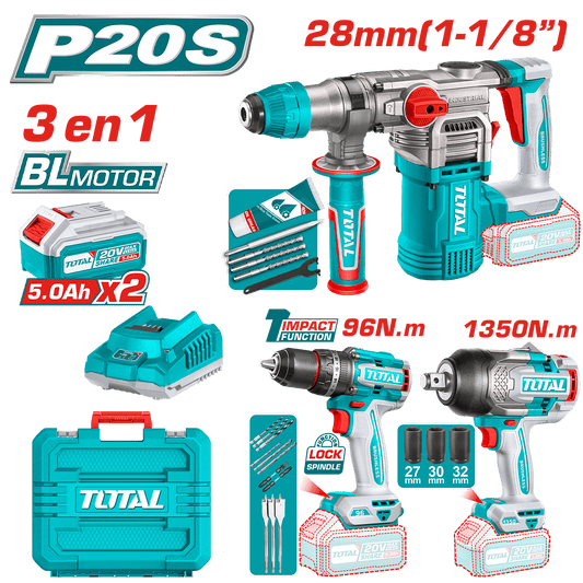 COMBO 20V ROTOMARTILLO 28MM + TALADRO 96NM + LLAVE IMPACTO 1350NM 2X