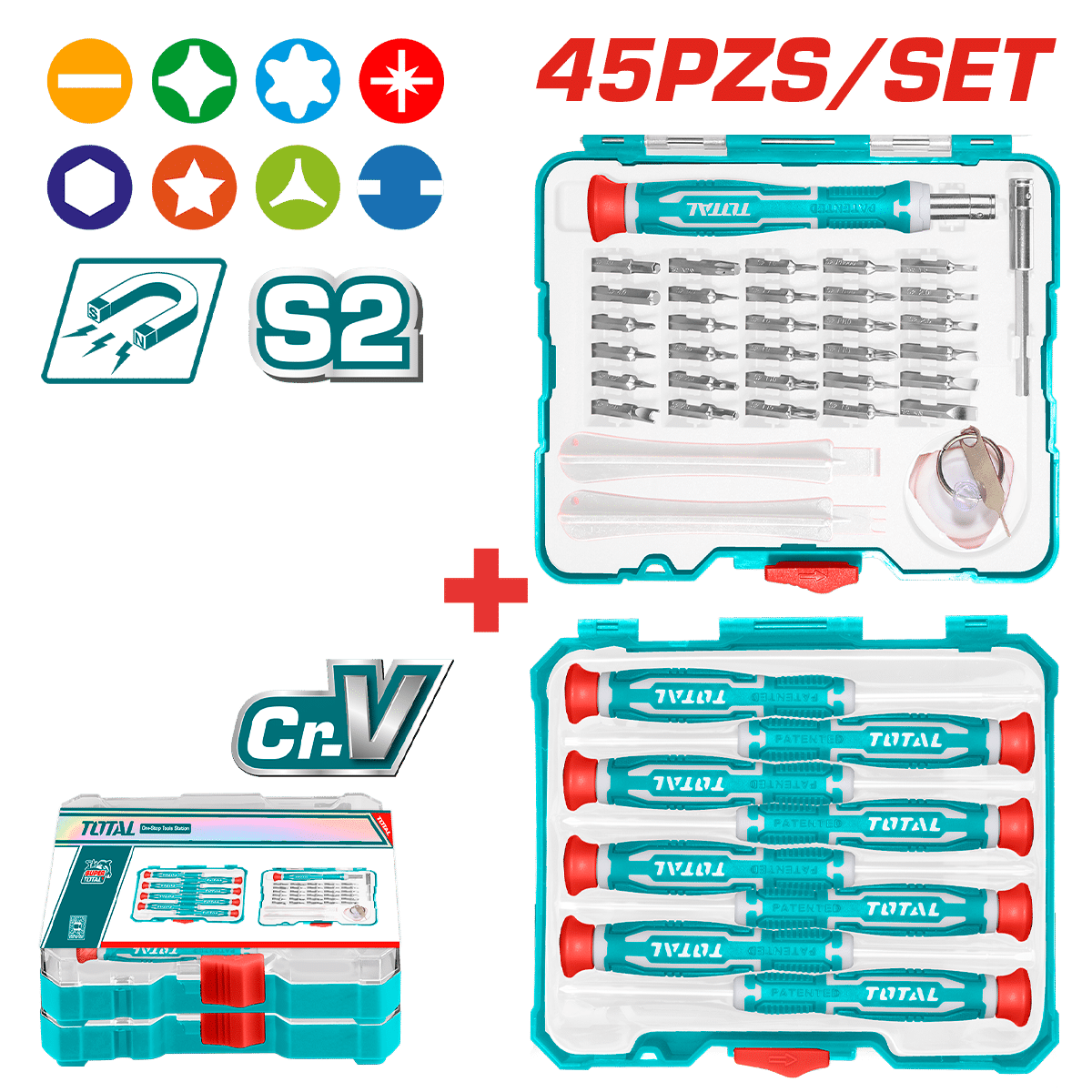SET DESTORNILLADORES DE PRECISIÓN + PUNTAS 45PCS/SET S2 MAGNETICOS +