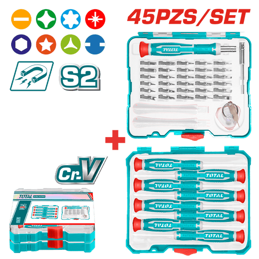 SET DESTORNILLADORES DE PRECISIÓN + PUNTAS 45PCS/SET S2 MAGNETICOS +