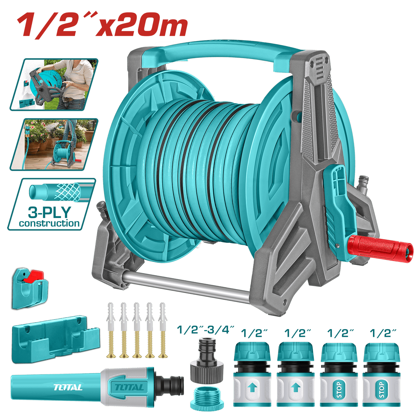 CARRETE CON MANGUERA 20M X 1/2'' PVC INC. ACCESORIOS