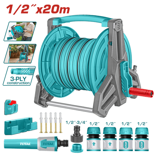 CARRETE CON MANGUERA 20M X 1/2'' PVC INC. ACCESORIOS