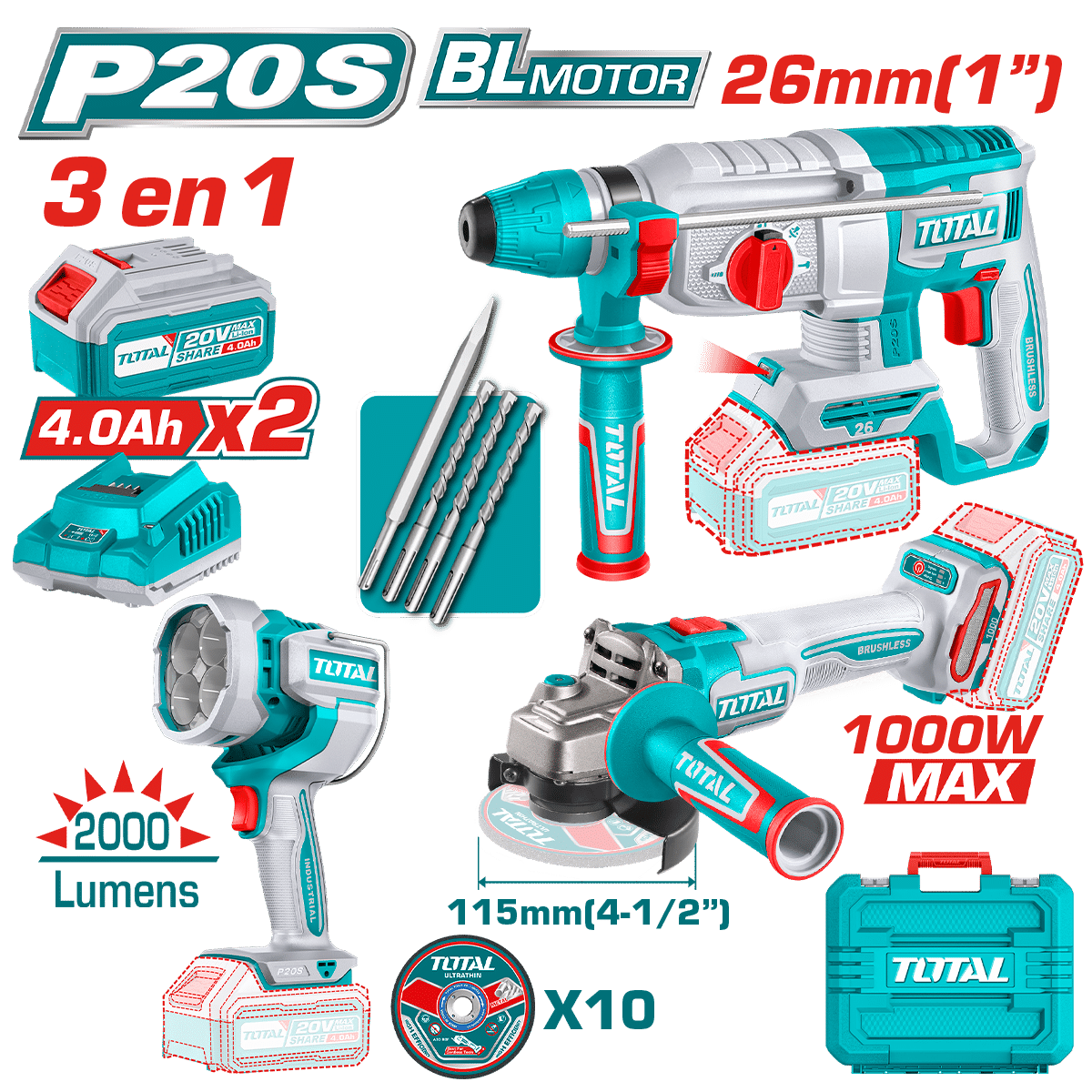 COMBO 3 EN 1 ROTOMARTILLO 26MM + AMOLADORA 1000W + LINTERNA 2X4.0AH