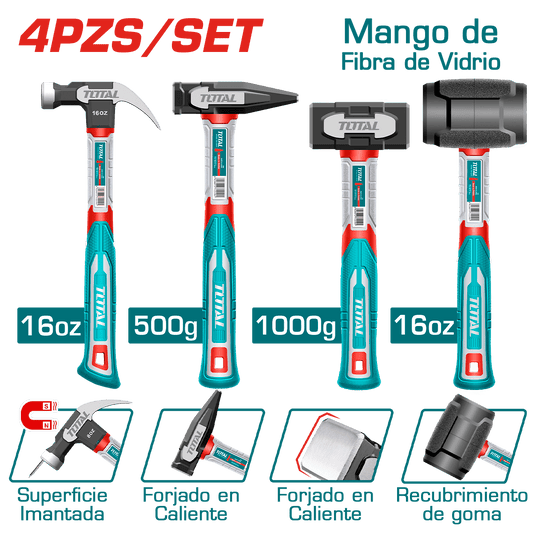 COMBO MARTILLOS C/MANGO FIBRA VIDRIO: UÑA 16OZ + MECANICO 500G + ALBAÑI