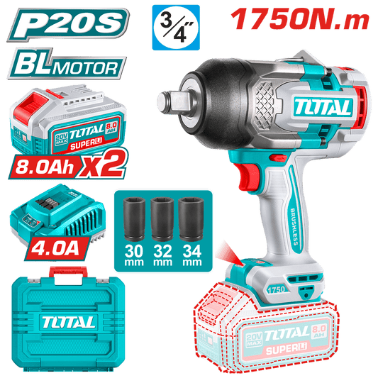 LLAVE IMPACTO BRUSHLESS 20V 1750NM 3/4'' 2200BPM 2X8.0AH MALETIN INDU