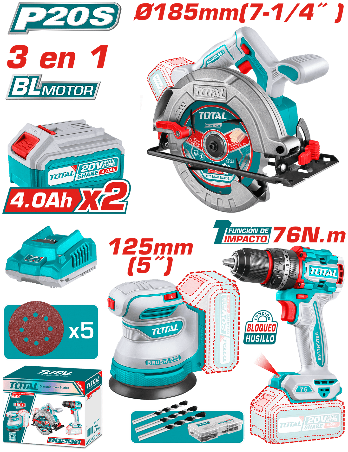 COMBO 20V 3 EN 1. TALADRO PER. 76NM + SIERRA + LIJADORA 2X4.0 +ACC I
