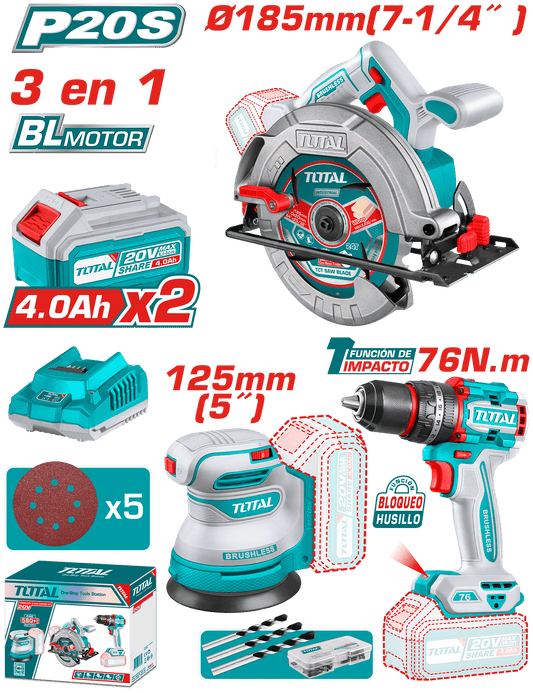 COMBO 20V 3 EN 1. TALADRO PER. 76NM + SIERRA + LIJADORA 2X4.0 +ACC I