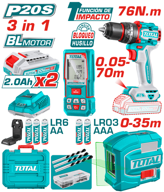 COMBO 3 EN 1 TALADRO IMPACTO 76NM + NIVEL LASER + MEDIDOR DISTANCIA