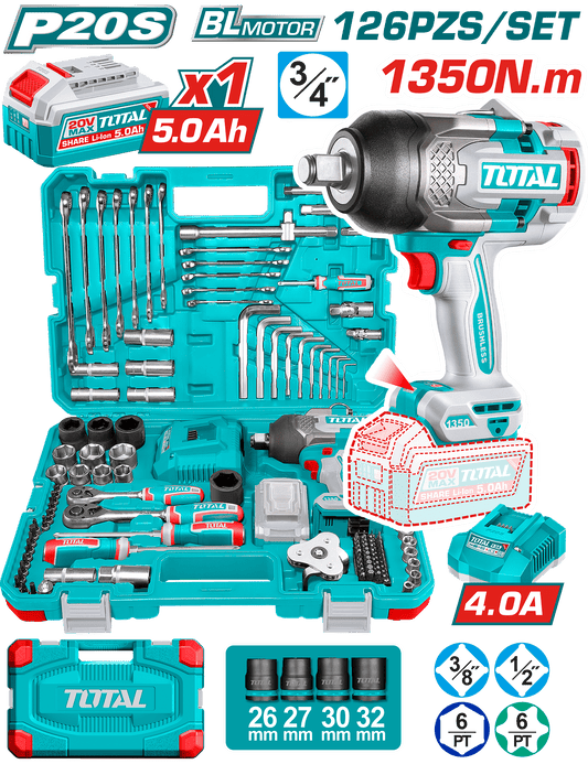 SET LLAVE DE IMPACTO 1350NM 20V + HERRAMIETAS 1X5.0AH (126PCS ) INC