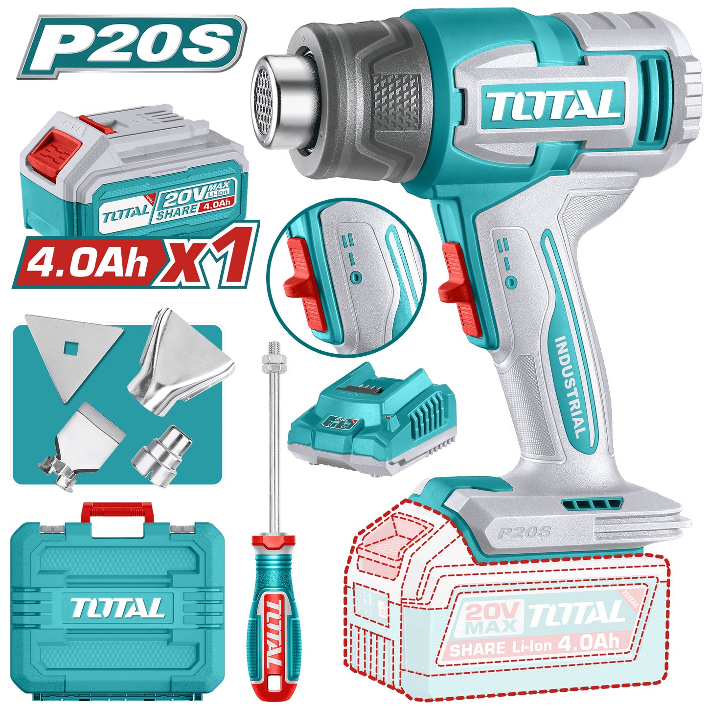 PISTOLA CALOR 20V 300/550C 100/200 L/MIN +ACC MALETIN 1X4.0AH INDUSTRI