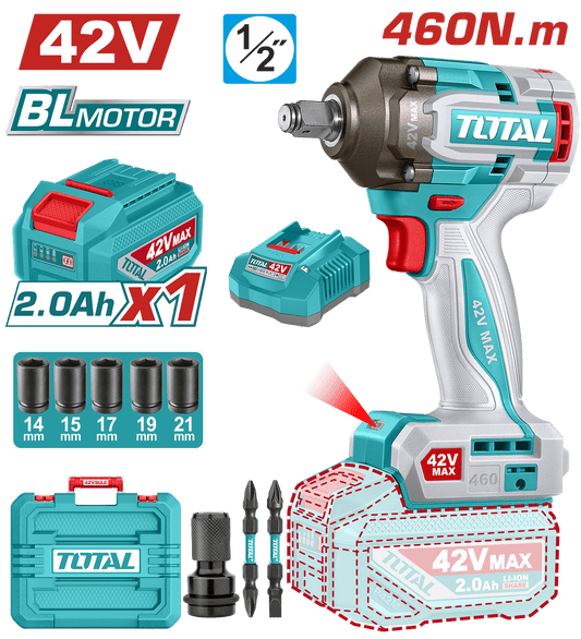 LLAVE IMPACTO BRUSHLESS 42V 460NM 1/2'' 2900BPM BRUSHLESS 1X2.0AH +AC