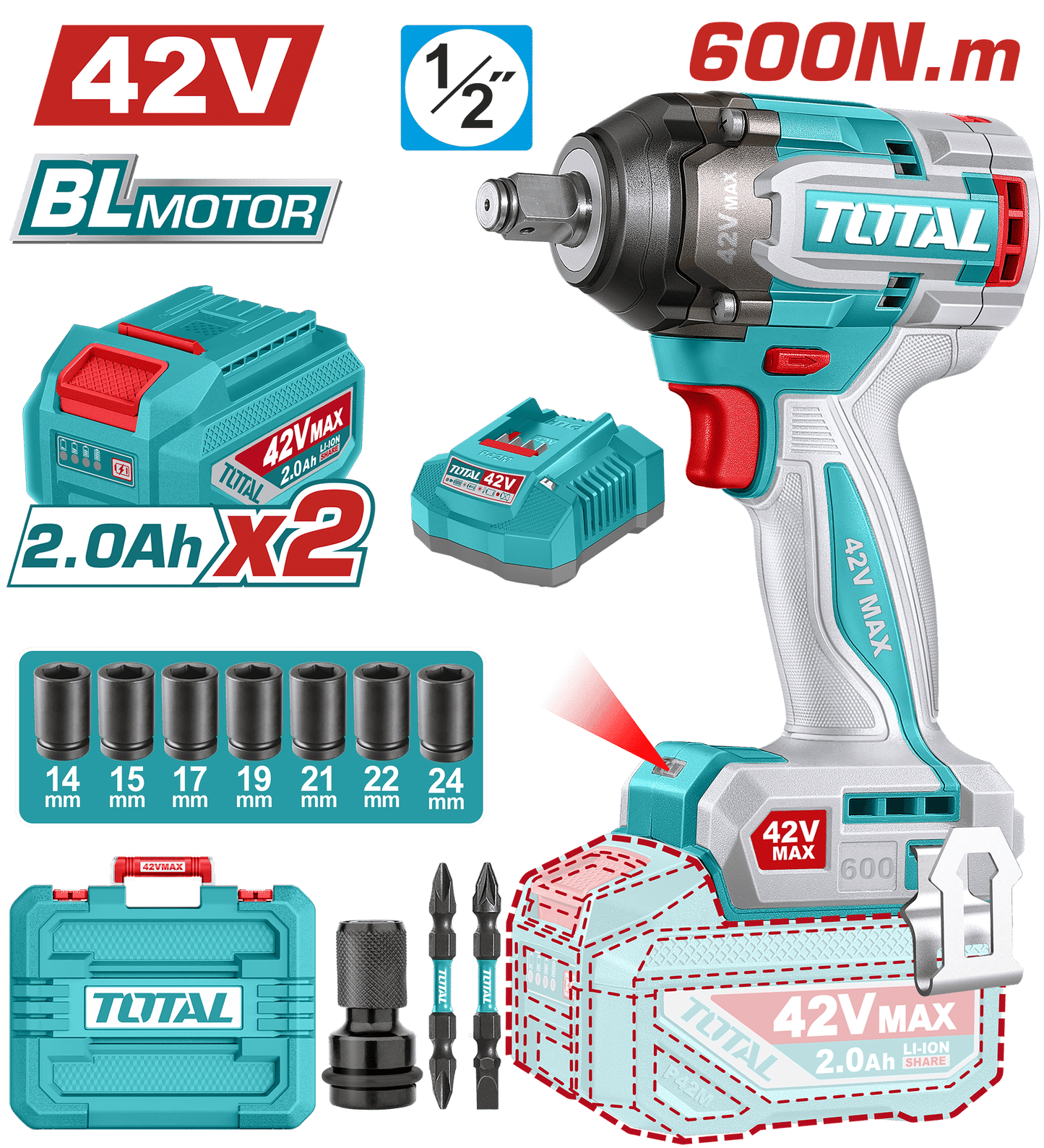 LLAVE IMPACTO BRUSHLESS 42V 600NM 1/2'' 2900BPM BRUSHLESS 2X2.0AH +AC