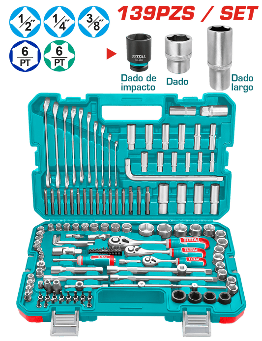 SET HERRAMIENTAS COMBINADAS + RACHETS 139 PZS INC MALETIN INDUSTRIAL
