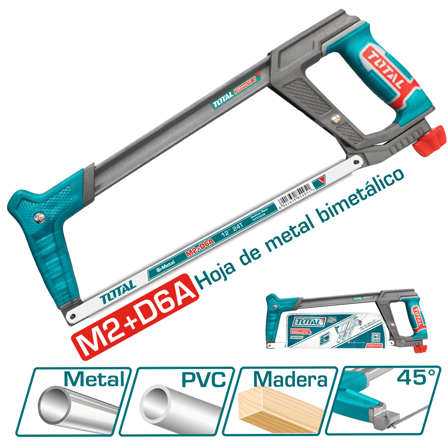ARCO DE SIERRA 300MM(12'') MANGO AL+TPR + 1PZ 24TPI M2+D6A BI METAL 45