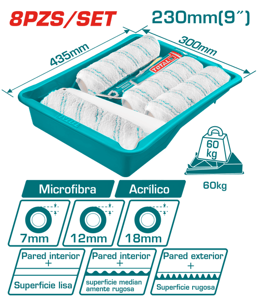 SET DE RODILLOS DE PINTAR + BANDEJA Y REPUESTOS 8PCS