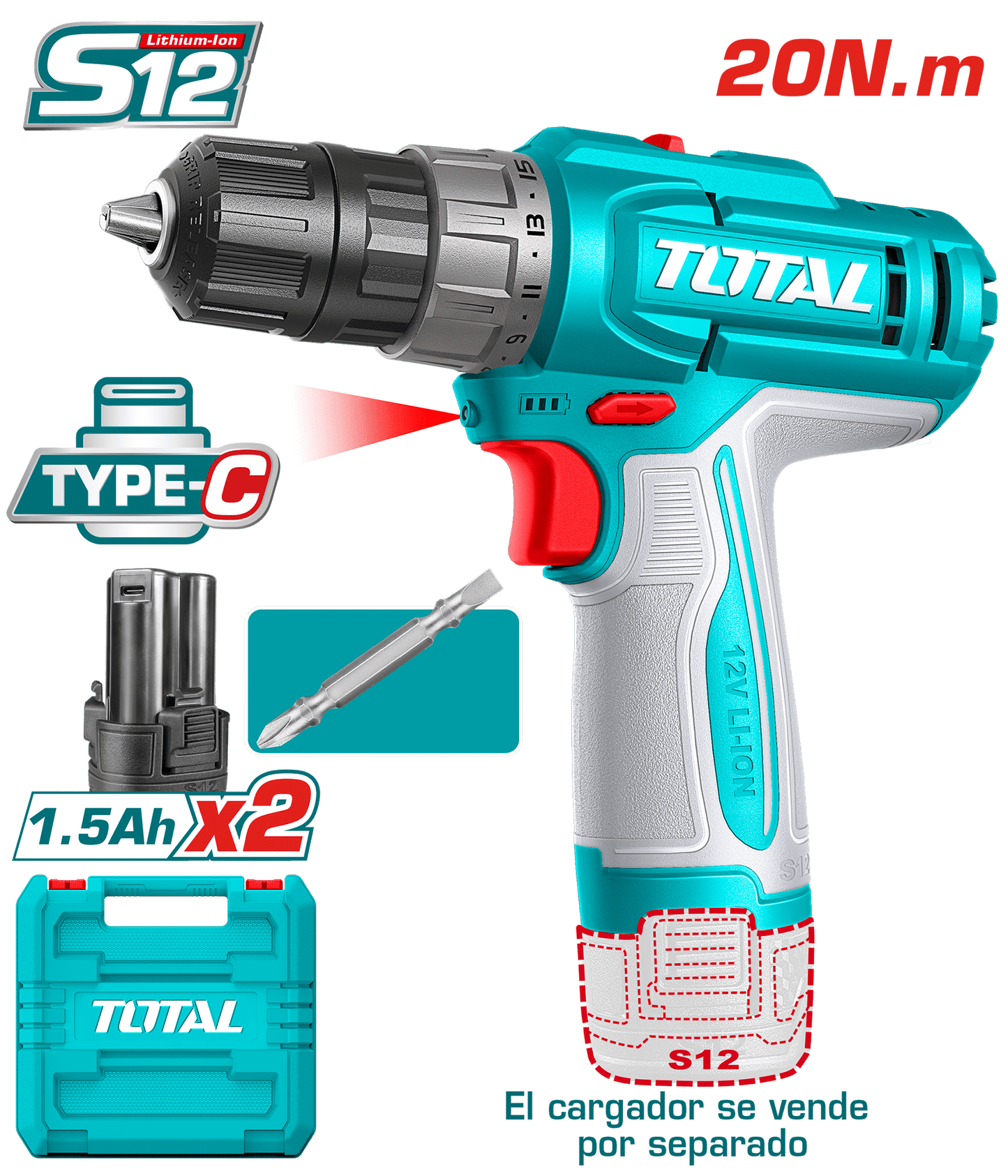 TALADRO 12V S12 20NM 0.8-10MM 0-400/0-1500RPM (15+1) 2X1.5AH TYPE-C +