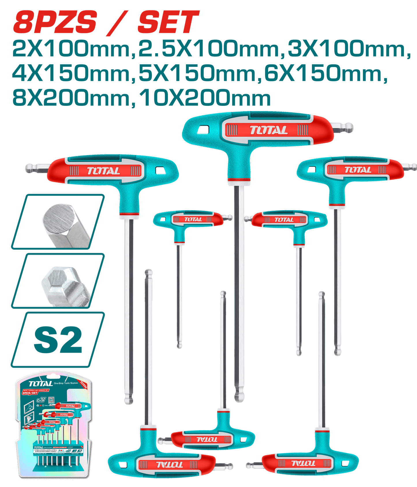 SET DE LLAVES HEXAGONALES PUNTA REDONDA MANGO-T 8PCS S2 INDUSTRIAL