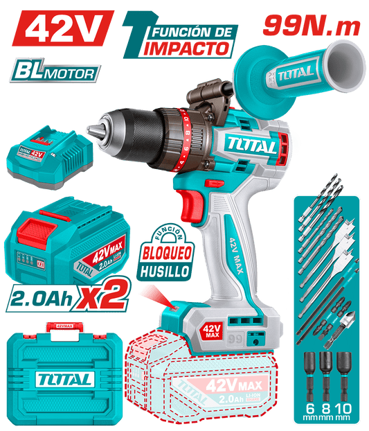 TALADRO PERCUTOR 42V 99NM 13MM 2X2.0AH BRUSHLESS +ACC MALETIN INDUST