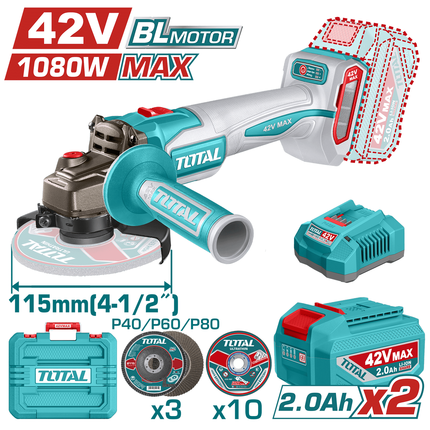 AMOLADORA 42V BLMOTOR 3000-9000RPM 115MM M14 1080WMAX 2X2.0AH +ACC