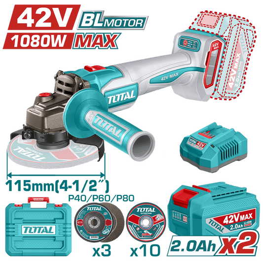 AMOLADORA 42V BLMOTOR 3000-9000RPM 115MM M14 1080WMAX 2X2.0AH +ACC