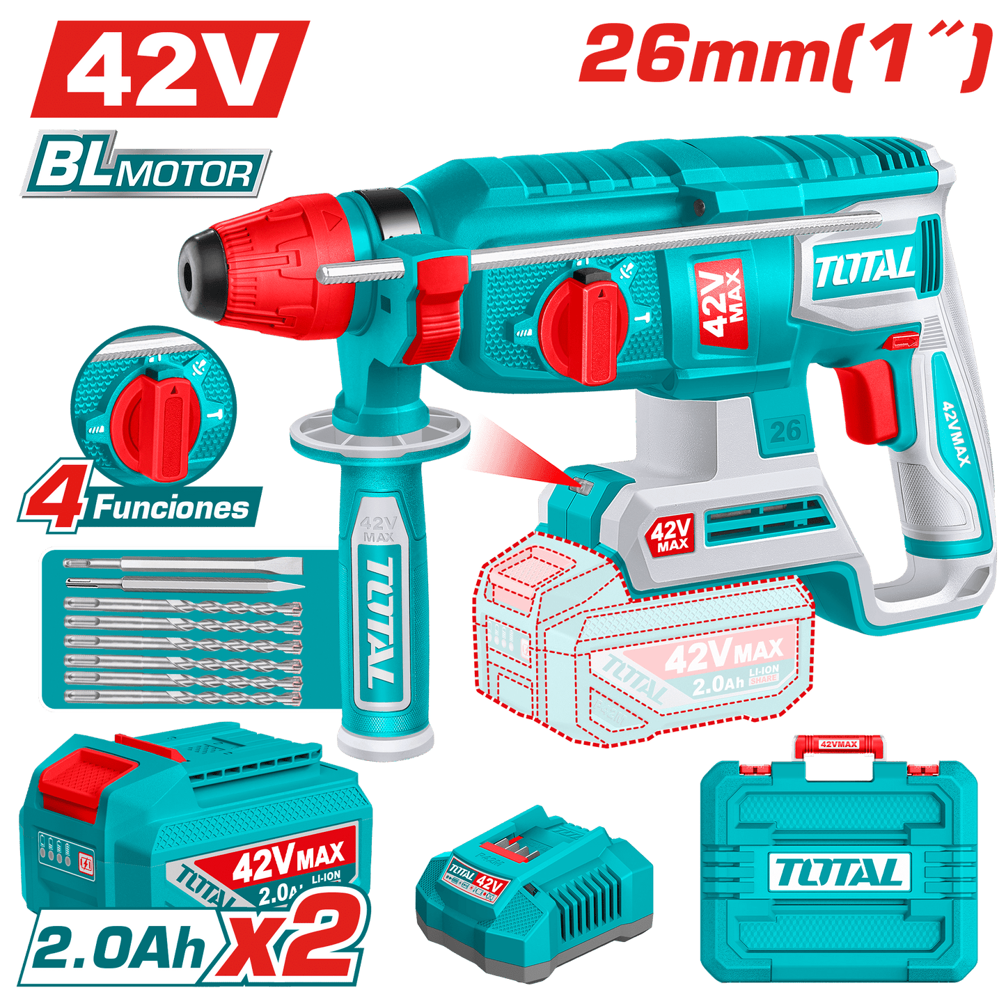ROTOMARTILLO SDS+ 42V 26MM 2.5J 0-5000BPM BRUSHLESS 2X2.0AH +ACC MAL