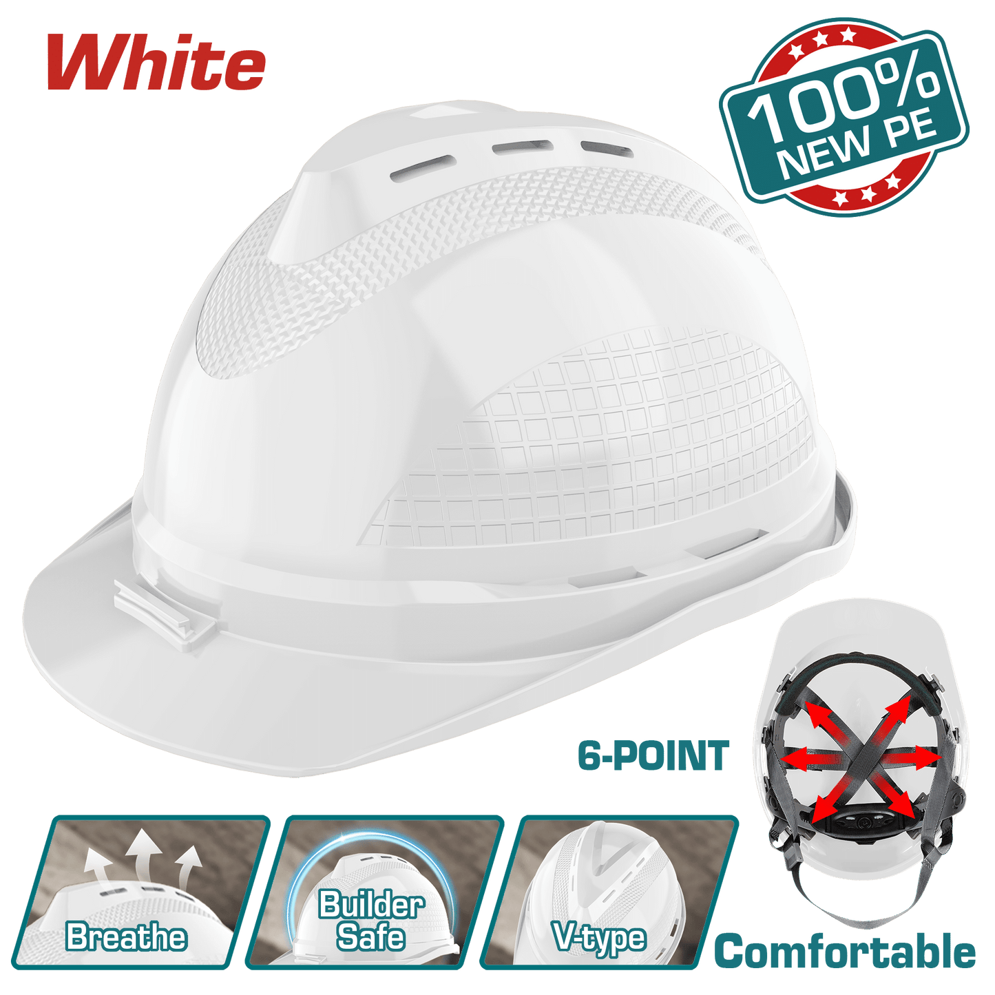 CASCO DE SEGURIDAD 100% NEW PE 6 PUNTOS CONFORTABLE 380G BLANCO INDUSTRI