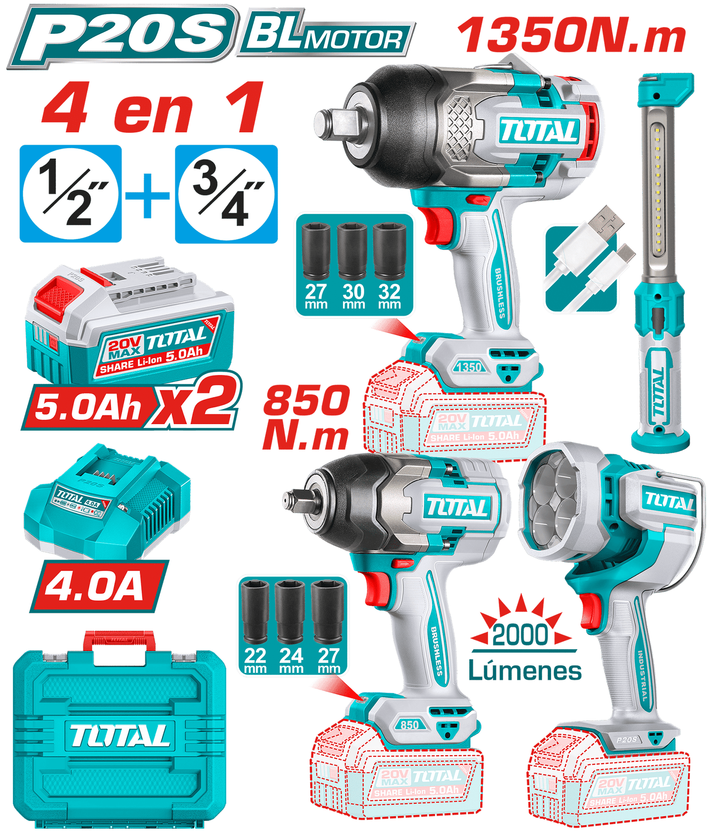 COMBO 4 EN 1 LLAVE IMPACTO 1350NM Y 850NM + LINTERNA 2000LM + LINTER