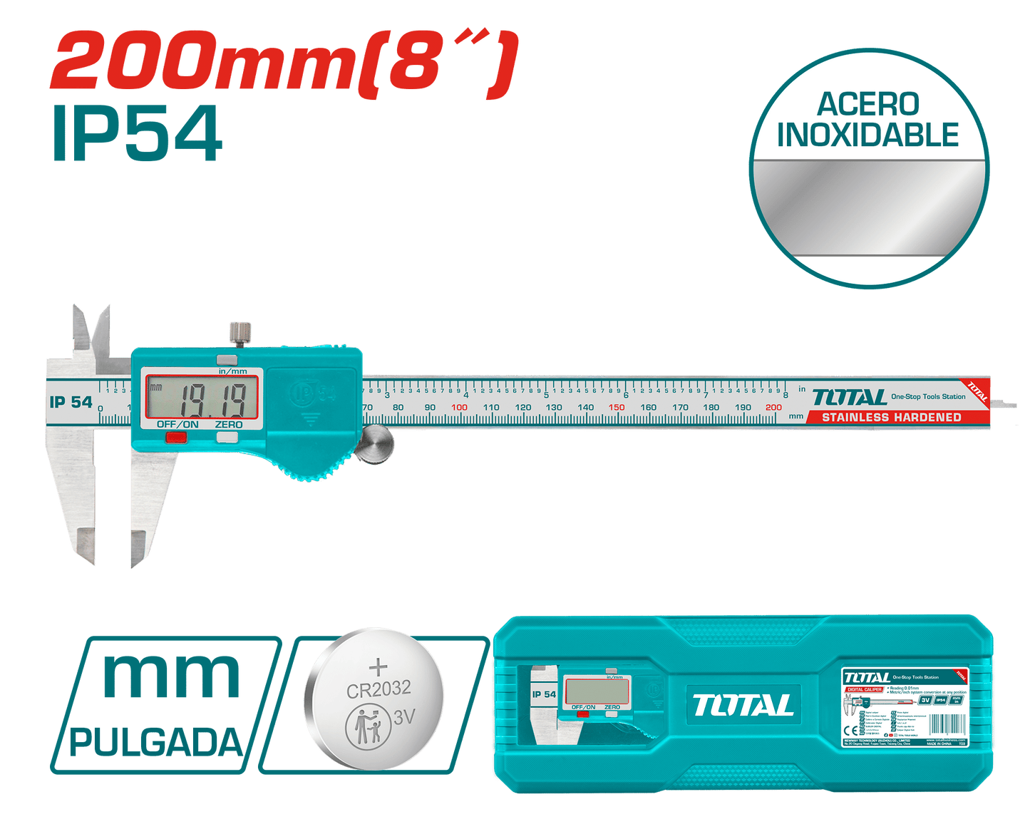 CALIBRADOR VERNIER 200MM (8'') ACERO AL CARBON 3V DIGITAL IP54 CON EST