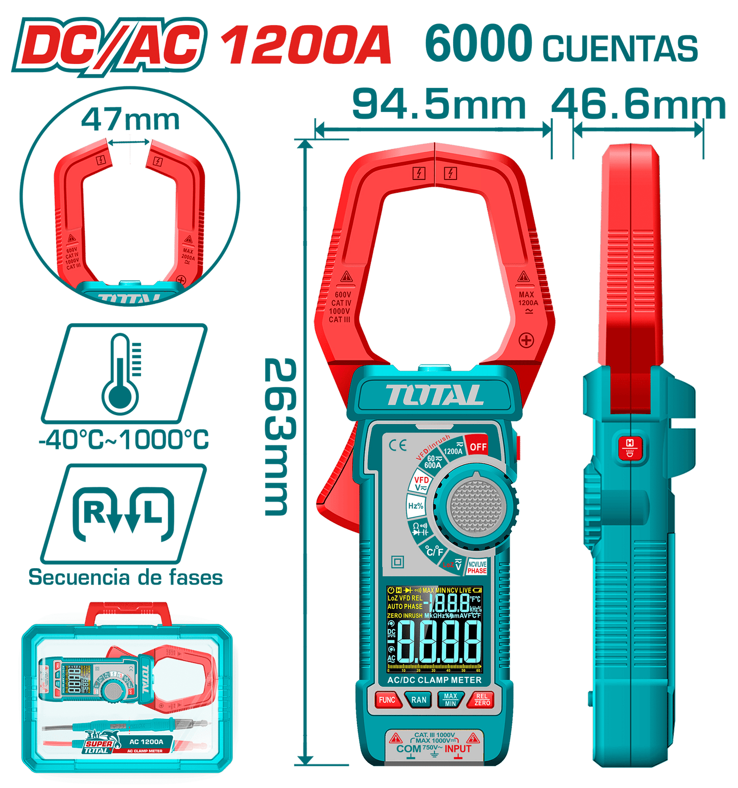 PINZA AMPERIMETRICA DC/AC 1000A 6000 CONTEOS A:47MM MALETIN INDUSTRIA