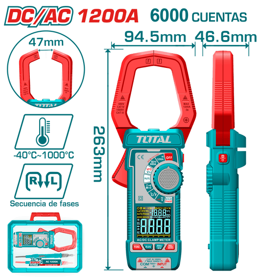PINZA AMPERIMETRICA DC/AC 1000A 6000 CONTEOS A:47MM MALETIN INDUSTRIA