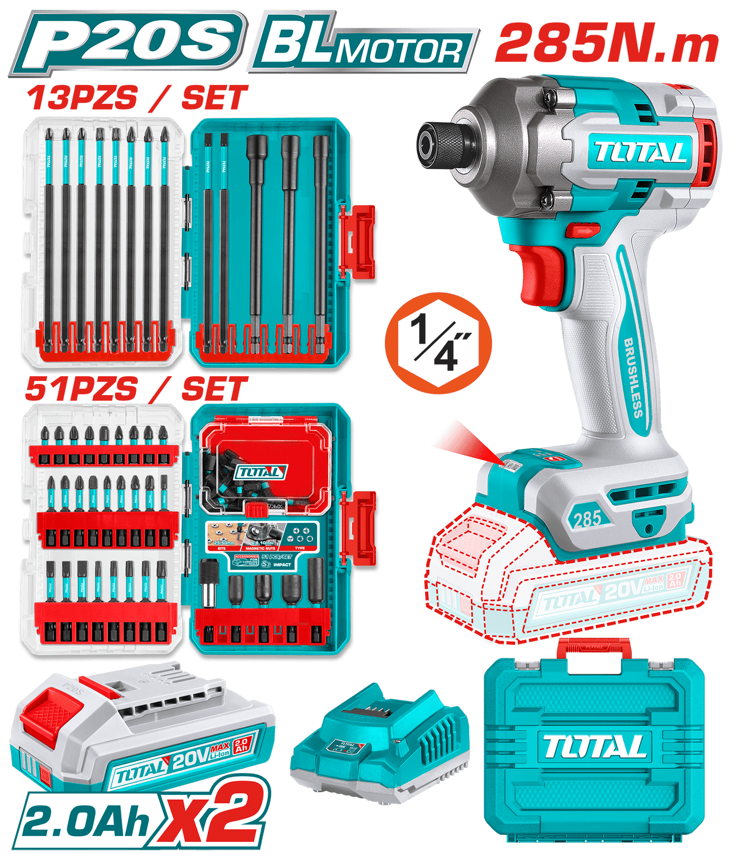 COMBO DESTORNILLADOR IMPACTO + PUNTAS Y ACCESORIOS 2X2.0AH + MALETIN