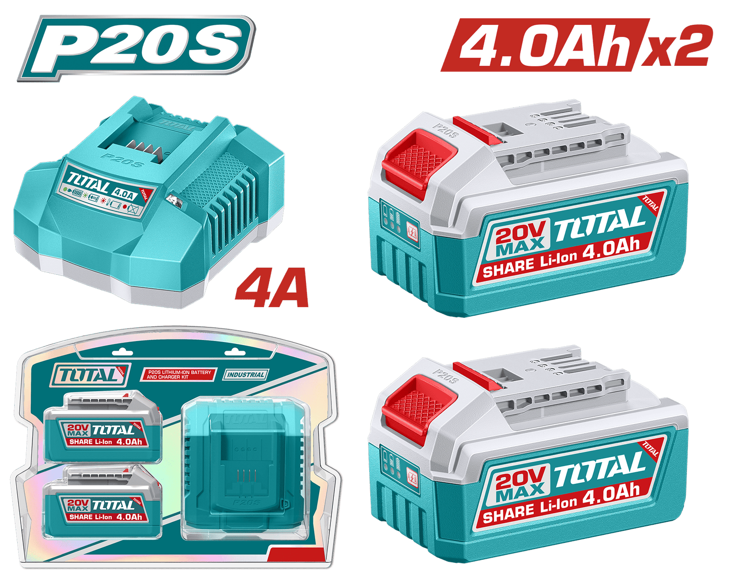 SET DE BATERIAS LI-ION 20V 4.0AH 2PCS + CARGADOR 4A INDUSTRIAL
