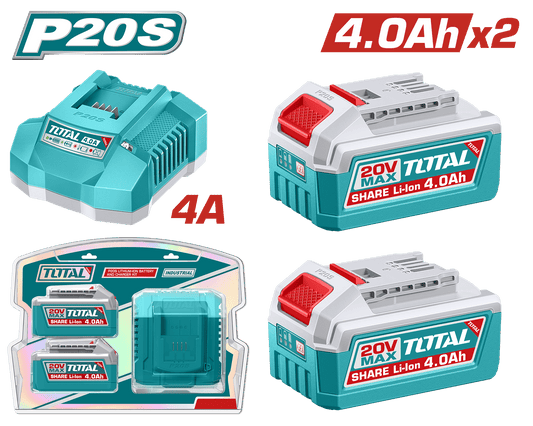 SET DE BATERIAS LI-ION 20V 4.0AH 2PCS + CARGADOR 4A INDUSTRIAL