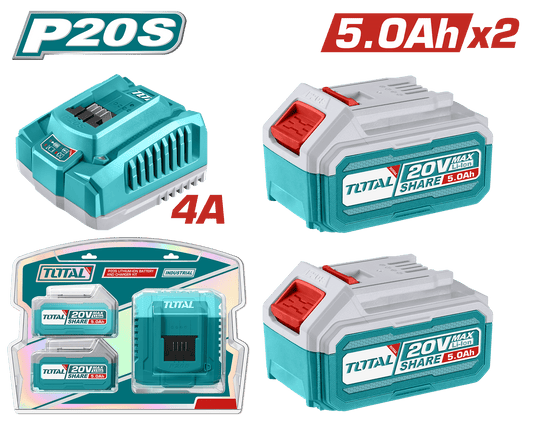 SET DE BATERIAS LI-ION 20V 5.0AH 2PCS + CARGADOR INDUSTRIAL