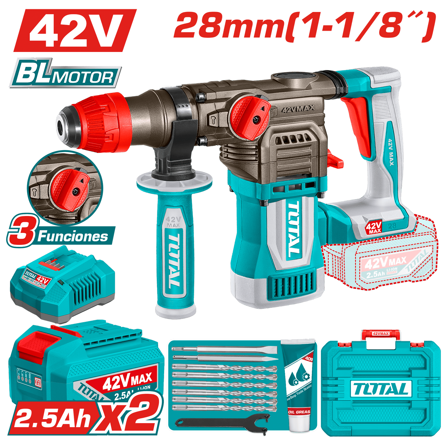 ROTOMARTILLO SDS+ 42V 28MM 4.5J 0-4400BPM BRUSHLESS 2X2.5AH +ACC MAL