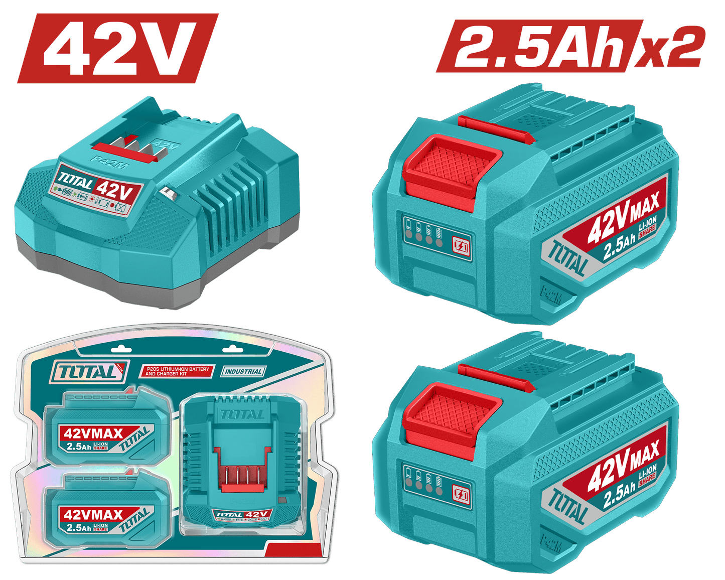 SET DE BATERIAS LI-ION 42V 2.5AH 2PCS + CARGADOR INDUSTRIAL