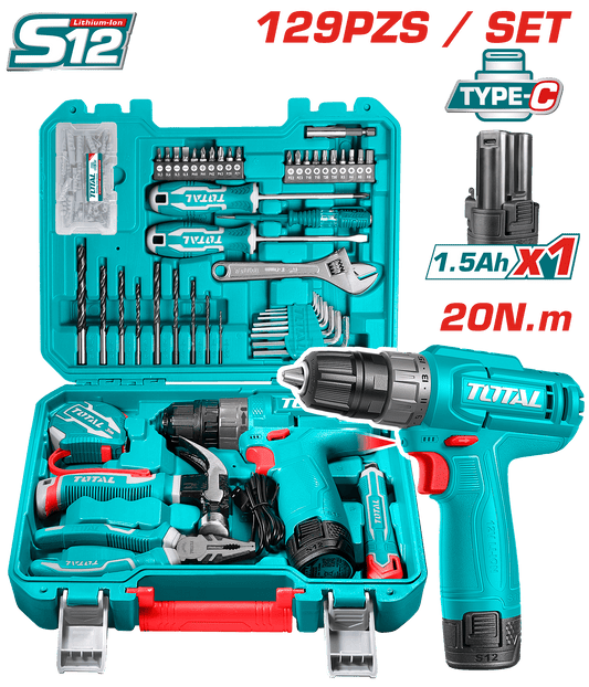 KIT TALADRO 12V TIPO-C 20NM 1X1.5AH + HERRAMIENTAS MALETIN (129PCS)