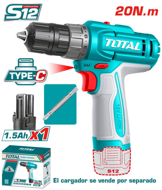 TALADRO 12V S12 20NM 0.8-10MM 0-400/0-1500RPM (15+1) 1X1.5AH TYPE-C +
