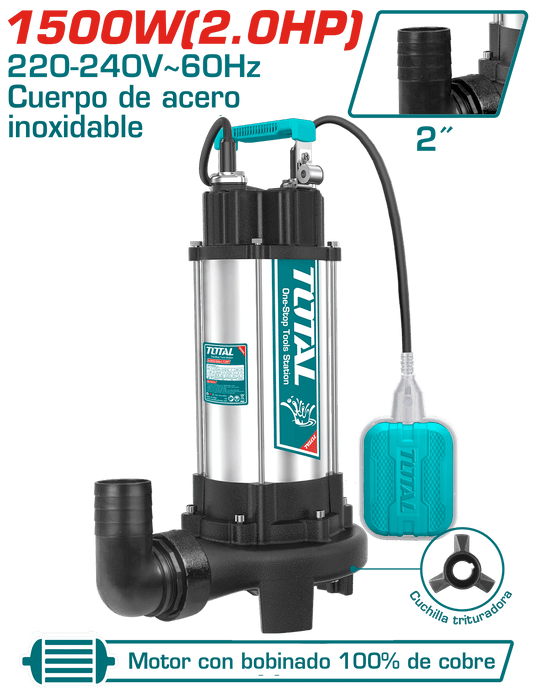 BOMBA SUMERGIBLE A/RESIDUAL AC INOX 1500W(2.0HP) H:14.5M C:350L/MIN
