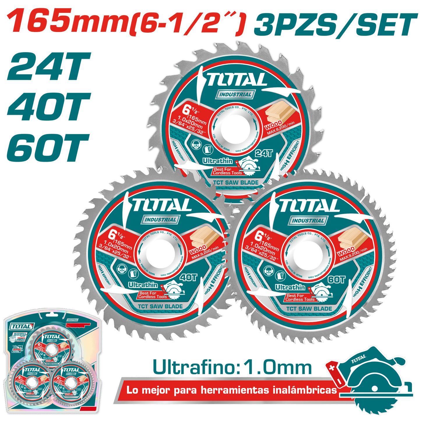 SET DISCOS DENTADOS 165MM 3PCS 24T/40T/90T ULTRA DELGADO: 1MM INDUSTRI