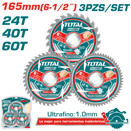 SET DISCOS DENTADOS 165MM 3PCS 24T/40T/90T ULTRA DELGADO: 1MM INDUSTRI