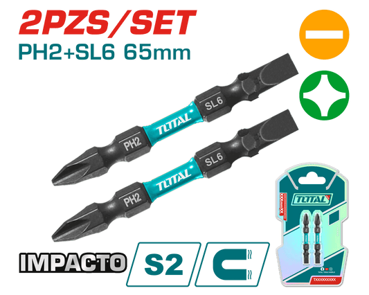 SET DE PUNTAS IMPACTO 65MM PH2+SL6 S2 MAGNETICO 2PCS DOBLE LADO IND