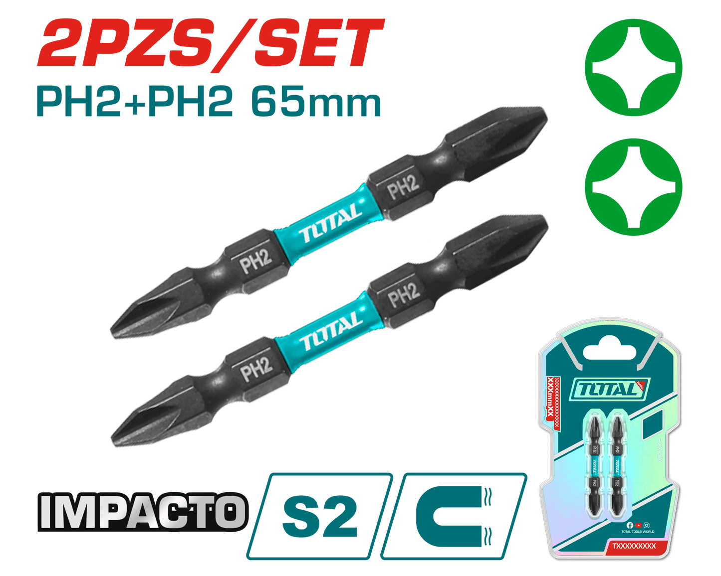 SET DE PUNTAS IMPACTO 65MM PH2+PH2 S2 MAGNETICO 2PCS DOBLE LADO IND