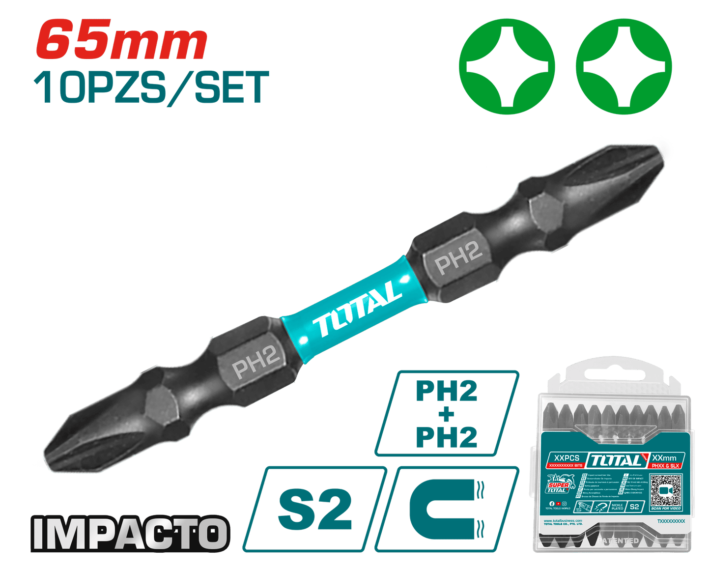 SET DE PUNTAS 65MM PH2+PH2 S2 10PCS MAGNETICAS DOBLE LADO INDUSTRIA