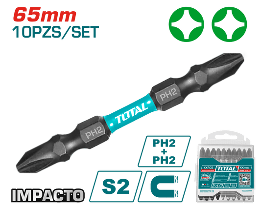 SET DE PUNTAS 65MM PH2+PH2 S2 10PCS MAGNETICAS DOBLE LADO INDUSTRIA
