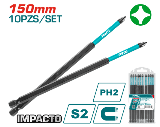 SET DE PUNTAS 200MM IMPACTO PH2 S2 MAGNETICAS 10PCS INDUSTRIAL